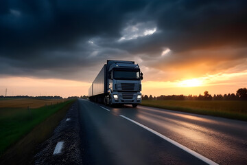 truck driving on the asphalt road in rural landscape at sunset with dark clouds