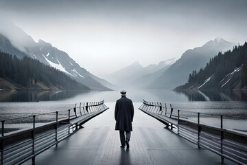Person walking on the bridge alone. Ai generative
