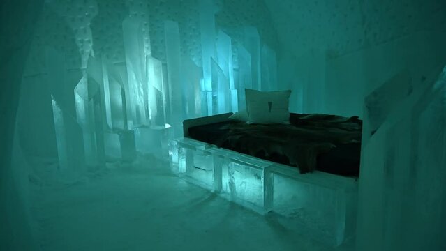 Visit in Ice hotel. Ice sculpture inside the Ice Hotel. 