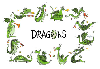 Obraz premium Collection of 12 Dragons isolated on white, horizontal card. Symbol of Chinese New Year 2024. Vector illustration
