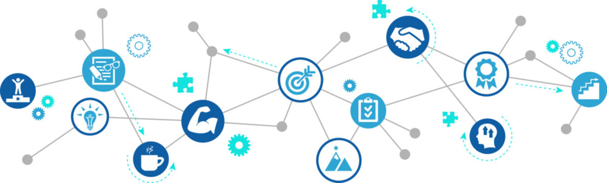 Motivation vector illustration. Blue concept with icons related to goals, ambition & improvement / optimism, positive attitude & development, optimism & determination, strength & effort, performance.
