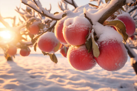 Generated photorealistic image of winter apples under snow