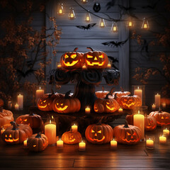 halloween postcard with choir of pumpkins, AI