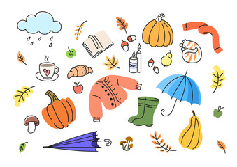 Autumn elements in a doodle style set. Set of fall leaves, pumpkins, candles, coffee, croissant, sweater