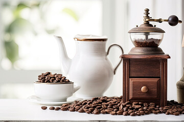 traditional coffee grinder with coffee beans on white wooden table. Copy space
