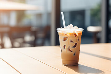 Fresh iced latte coffee on wooden table. Summer drink - obrazy, fototapety, plakaty