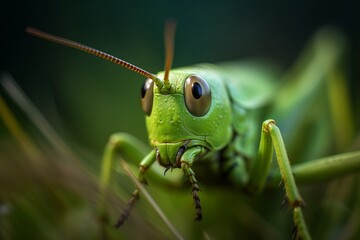 Illustration of a close-up of a grasshopper looking directly at the camera, created using generative AI