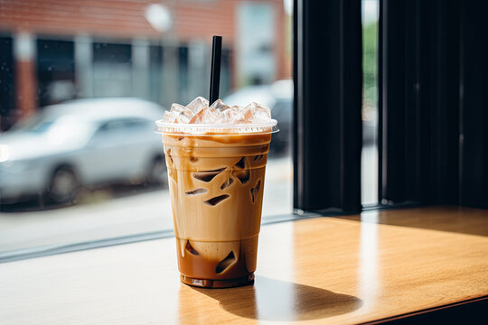 Fresh iced latte coffee on wooden table. Summer drink