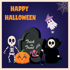 Halloween  poster for a Halloween party with a ghost, a pumpkin, a skeleton and death with a scythe