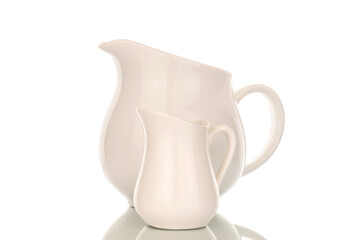 One ceramic jug, macro, isolated on white background.