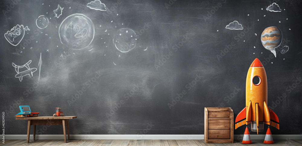 Poster small space rocket on blackboard wall: a captivating image of generative ai in action