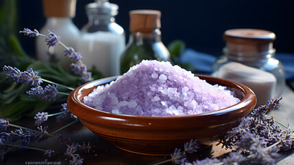 Obraz na płótnie Canvas Bowl of lavender salt and lavender flowers on wooden table