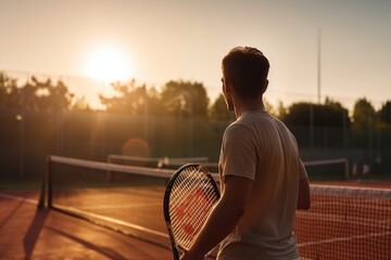 Man holding tennis racket when playing on sport court