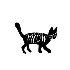 Fototapeta na wymiar Black cat illustration with Meow text isolated on white background