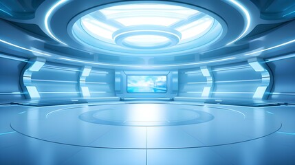 Futuristic Room in Cyan Colors with beautiful Lighting. Stunning Background for Product Presentation.