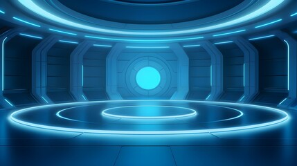 Futuristic Room in Cyan Colors with beautiful Lighting. Stunning Background for Product Presentation.
