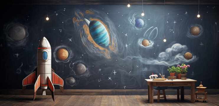 Creative Space for Rocket Enthusiasts: Chalkboard Wall with Rocket and Table, Powered by Generative AI
