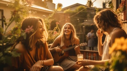 Happy and beautiful young people spend time together with guitar