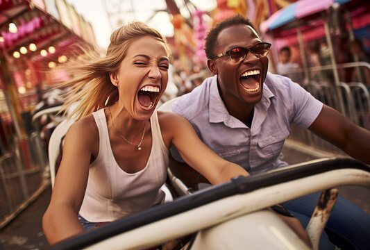 Young couple enjoying time at amusement park