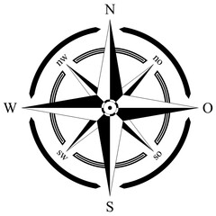 Kompass Rose Vektor mit acht Richtungen und deutscher Osten Bezeichnung. Isolierter Hintergrund.
Symbol f√ºr Marine-, Seefahrt - oder Trekking-Navigation oder zur Verwendung in eine Landkarte.