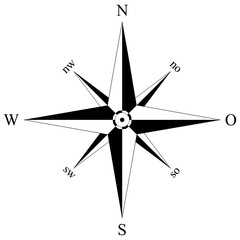 Kompass Rose Vektor mit acht Richtungen und deutscher Osten Bezeichnung. Isolierter Hintergrund.
Symbol für Marine-, Seefahrt - oder Trekking-Navigation oder zur Verwendung in eine Landkarte.
