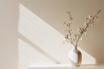Minimalist japandi background. Monochrome empty table with white vase. Wall scene mockup product for showcase. Promotion background.