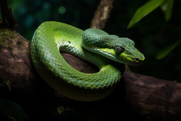 Illustration of a green snake curled up on a branch, created using generative AI - Powered by Adobe
