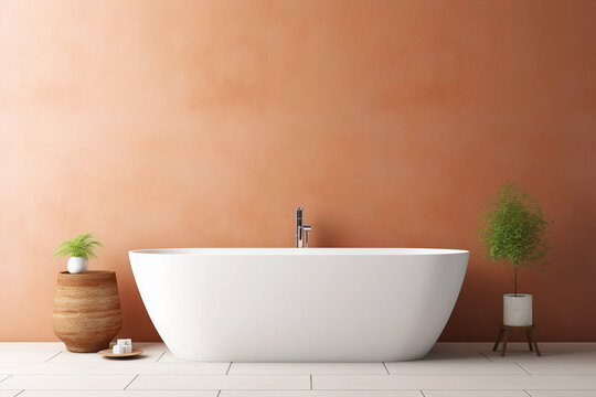 Modern bathroom interior with white tub. Empty neutral textured terracotta wall for mockup. Promotion background.