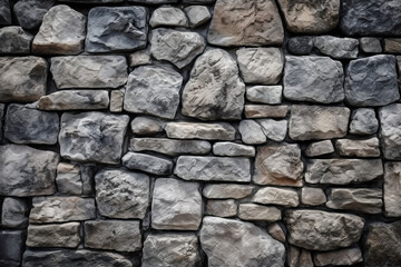 Fototapeta premium Wall of textured stones on gray background. Old stone wall on stone. Abstract wall in gray tones in natural and rustic style. Realistic 3D illustration. Generative AI