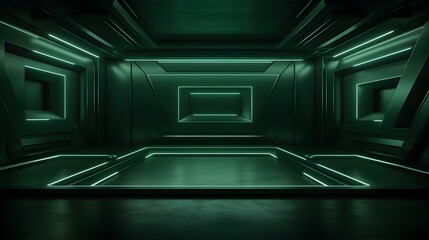 Futuristic Room in Dark Green Colors with beautiful Lighting. Stunning Background for Product Presentation.