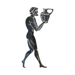 Black silhouette of an ancient Greek Olympic Games athlete. Greek painting. Hand drawn watercolor illustration. Isolate. For banners, prints and textiles. For packaging, labels and postcards.