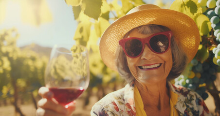 Lifestyle portrait of elderly woman wearing sunglasses and sun hat tasting red wine in vineyard - obrazy, fototapety, plakaty