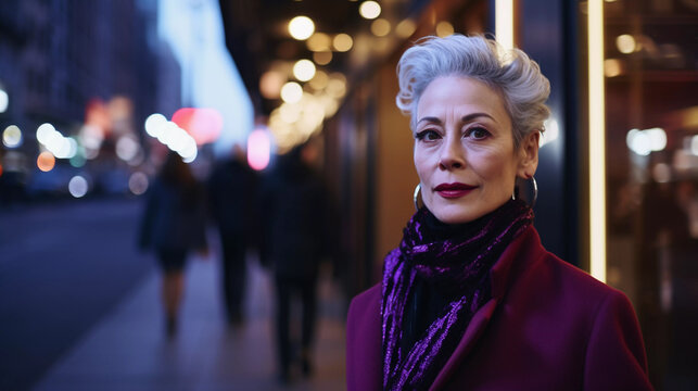 Glamorous elderly woman with white hair standing in urban city street at night