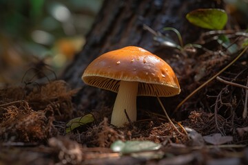 Fototapeta premium Illustration of a close-up view of a vibrant mushroom on the forest floor created using generative AI