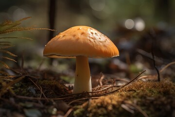 Illustration of a close-up view of a mushroom on the forest floor, created using generative AI technology