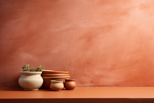 Textured terracotta wall copy space. Monochrome empty kitchen with clay vases. Wall scene mockup product for showcase. Promotion background.