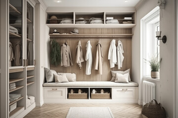 Fototapeta na wymiar Cloakroom interior with clothes in white color
