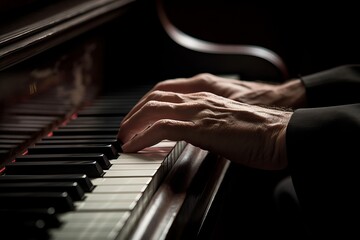 Illustration of a person playing a piano in a dimly lit room with atmospheric lighting, created...