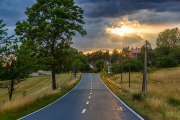 Fototapeta premium Stiege im Harz Sonnenuntergang