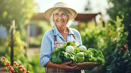 Elderly senior woman gardener with a basket of fresh vegetables in the backyard, Autumn harvest concept