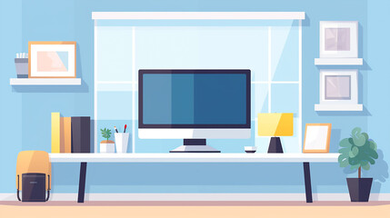 A white monitor screen in office cartoon image. Generative AI.