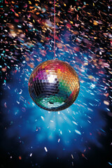 Fototapeta na wymiar Brightly colored mirror disco ball background. Nightclub party poster