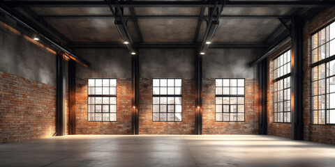 Industrial loft style empty old warehouse interior,brick wall,concrete floor and black steel roof structure - Powered by Adobe