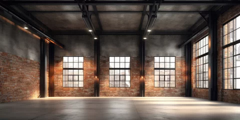 Foto op Plexiglas Industrial loft style empty old warehouse interior,brick wall,concrete floor and black steel roof structure © Татьяна Прокопчук