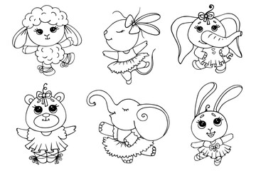Set of linear sketches of cute animal ballerinas.Vector graphics.