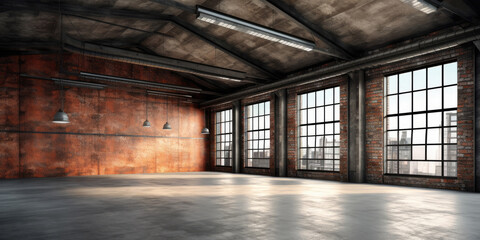 Industrial loft style empty old warehouse interior,brick wall,concrete floor and black steel roof...