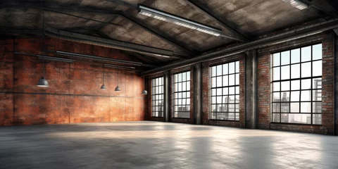 Tuinposter Industrial loft style empty old warehouse interior,brick wall,concrete floor and black steel roof structure © Татьяна Прокопчук