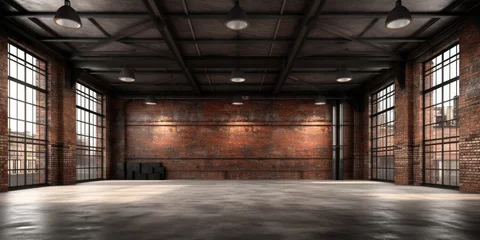 Foto op Aluminium Industrial loft style empty old warehouse interior,brick wall,concrete floor and black steel roof structure © Татьяна Прокопчук