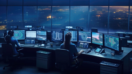 Diverse Air Traffic Control Team Working in a Modern Airport Tower. Office Room is Full of Desktop Computer Displays with Navigation Screens, Airplane Departure and Arrival Data for Controllers.