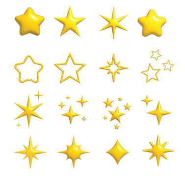 Set of yellow stars different shapes Stars glossy colors Realistic 3d design cartoon style